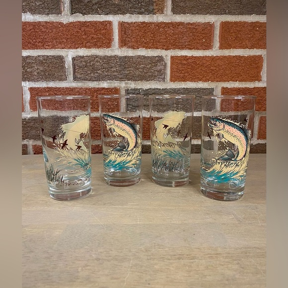Libbey Glass Sportsman Outdoors Lake Fishing Hi Ball Glasses Tumblers Lot of 4 - Picture 1 of 8